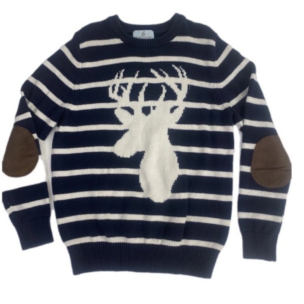 Class Club Striped Deer Sweater Boys Size 8 Navy Blue Cotton Elbow Patches